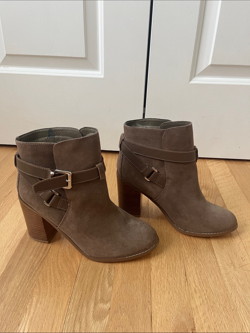 Women’s Taupe Suede Ankle Boots with Decorative Strap